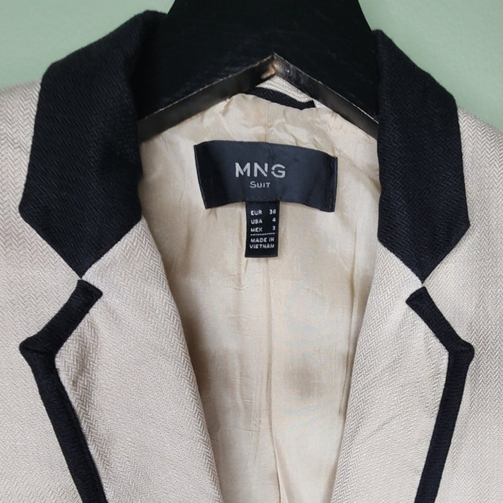 Mango MNG Suit Jacket Blazer 4 Beige Black Linen Blend Herringbone Work Career - Picture 2 of 11